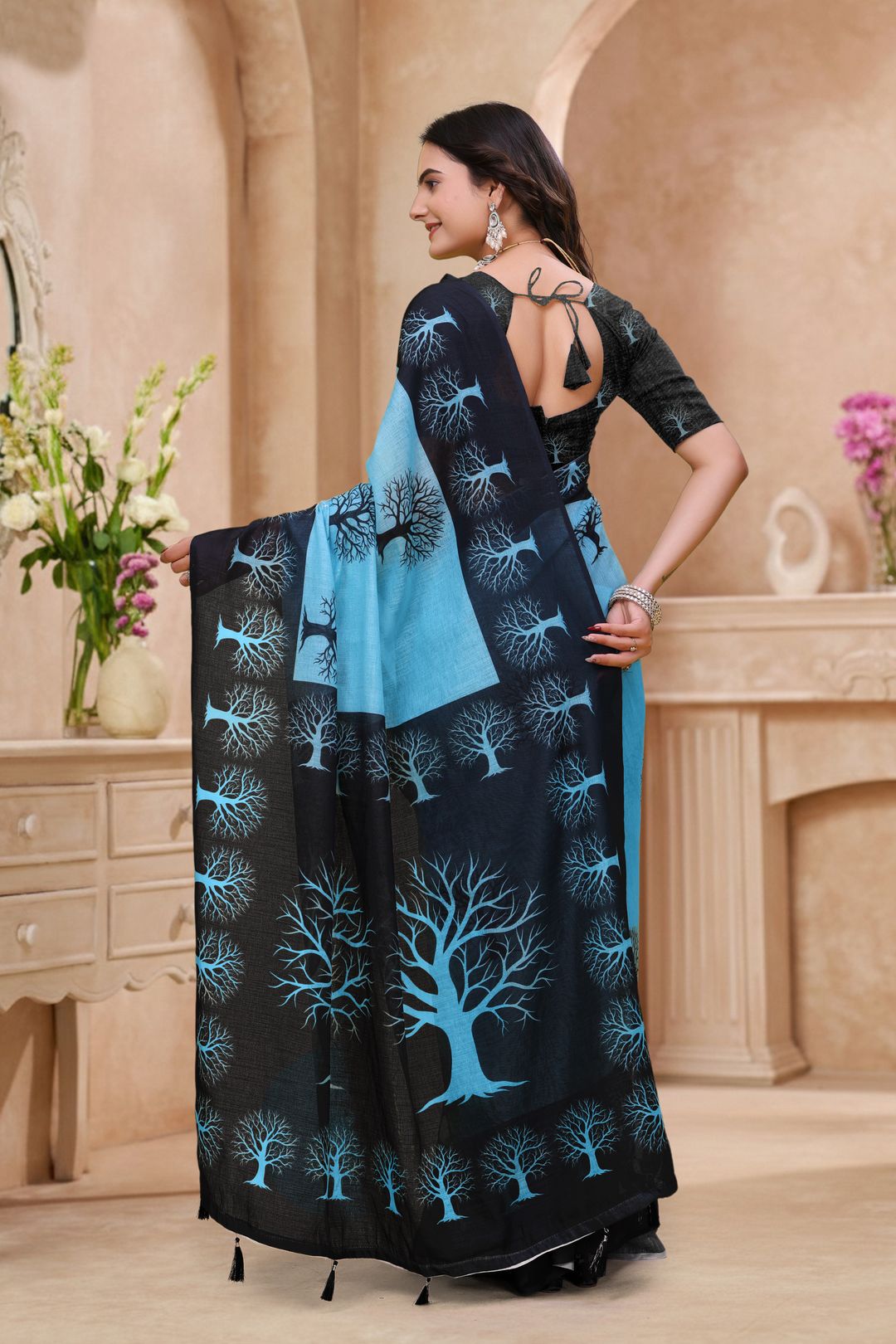 Black-Blue Linen Cotton Tree Motif Printed Saree for Women