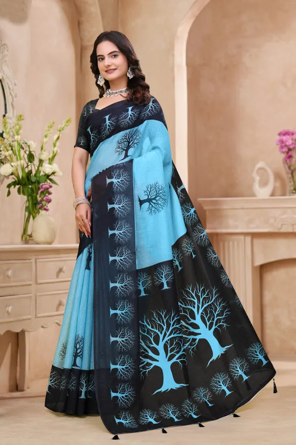 Black-Blue Linen Cotton Tree Motif Printed Saree for Women