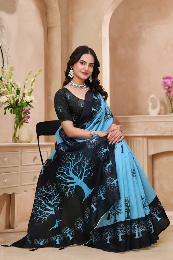 Black-Blue Linen Cotton Tree Motif Printed Saree for Women