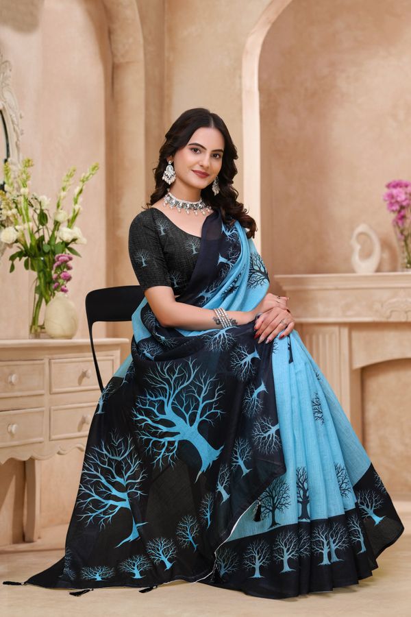 Black-Blue Linen Cotton Tree Motif Printed Saree for Women