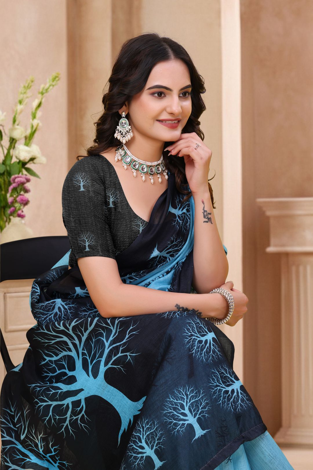 Black-Blue Linen Cotton Tree Motif Printed Saree for Women
