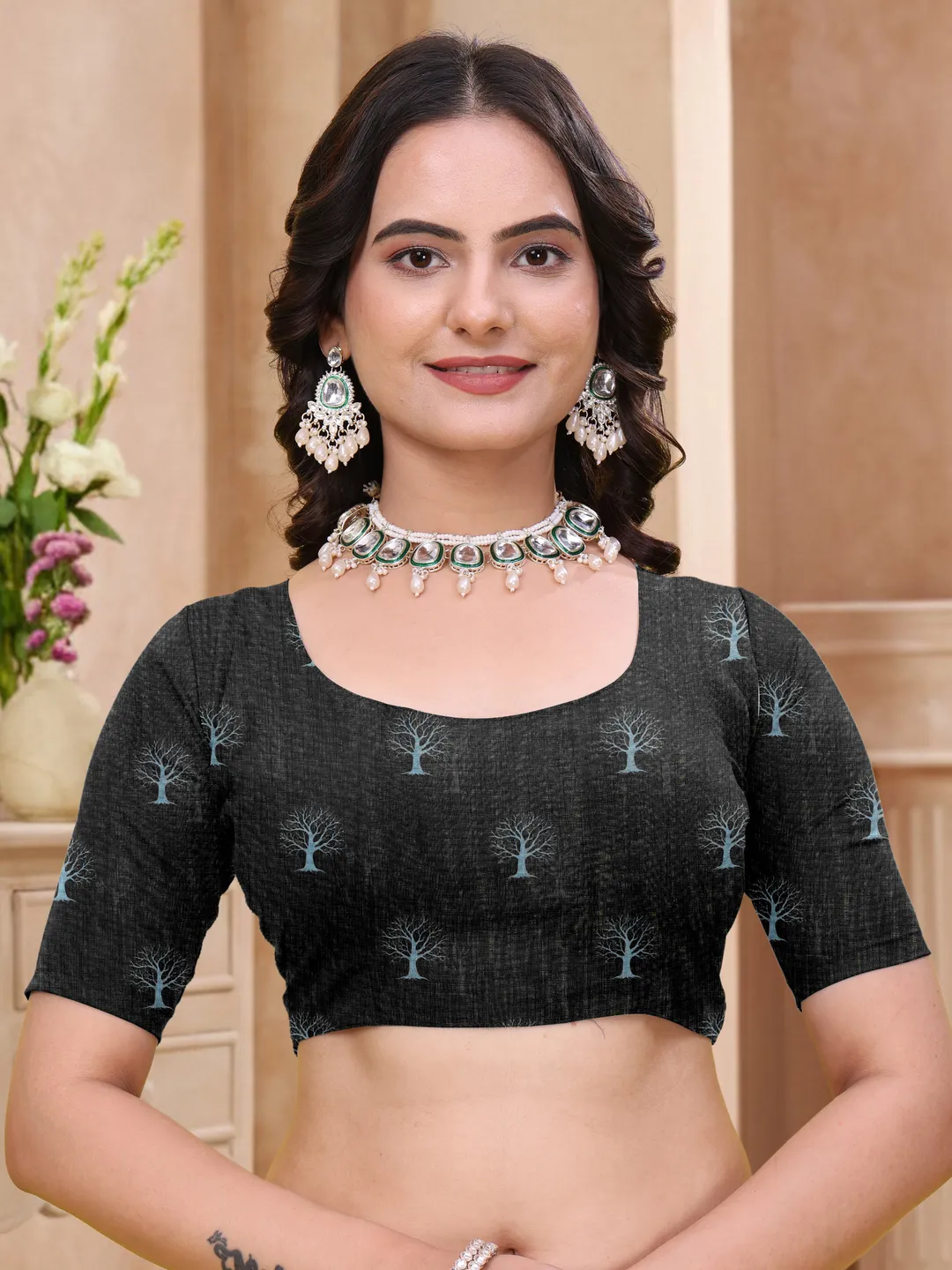 Black-Blue Linen Cotton Tree Motif Printed Saree for Women