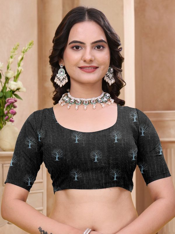 Black-Blue Linen Cotton Tree Motif Printed Saree for Women