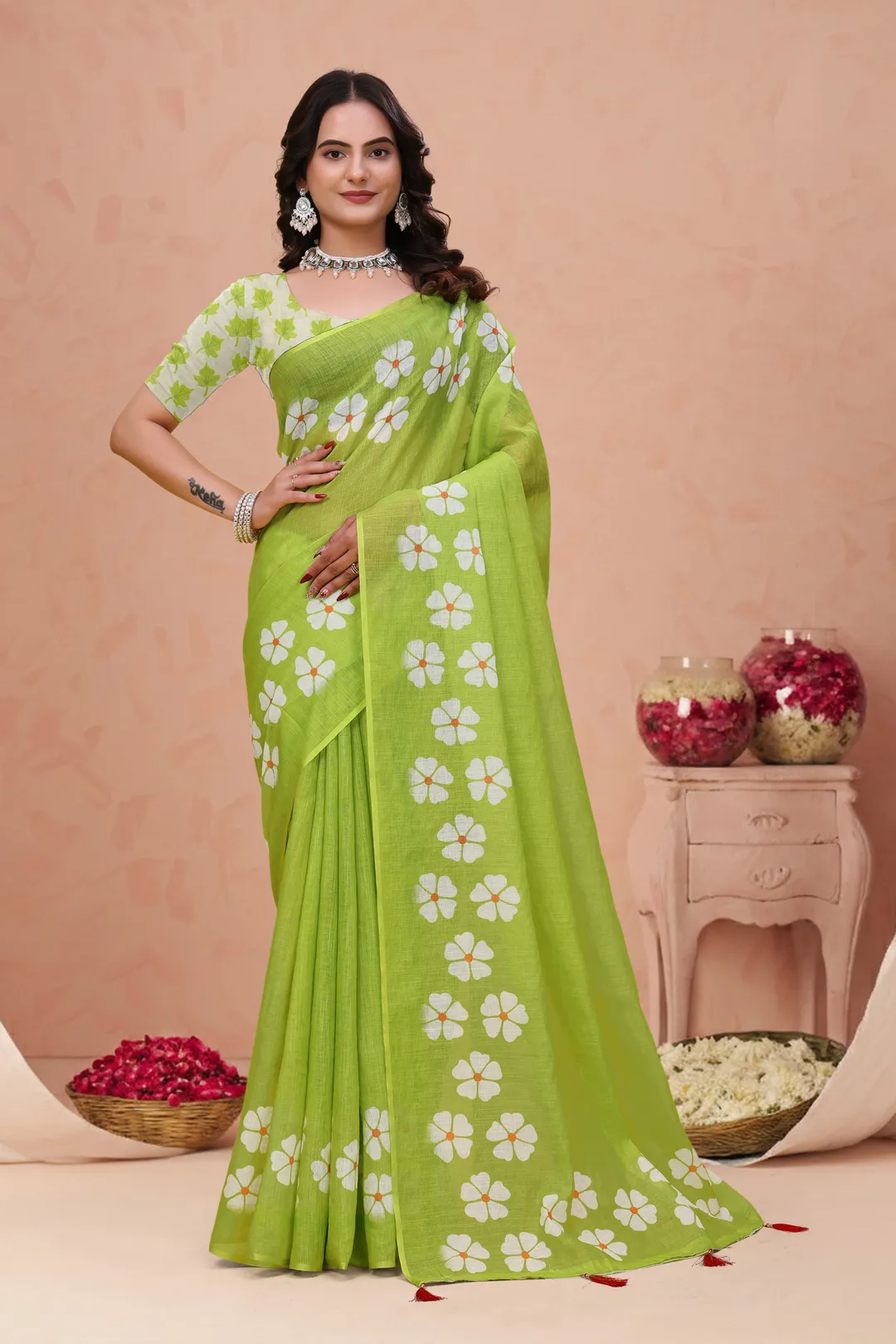 Green Floral Print Linen Cotton Saree with Tassel Detailing