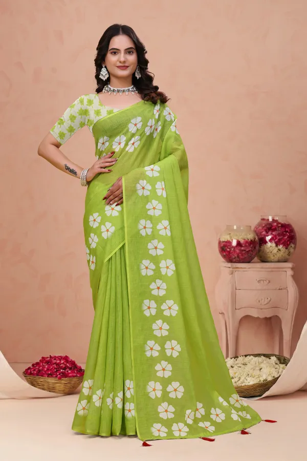 Green Floral Print Linen Cotton Saree with Tassel Detailing