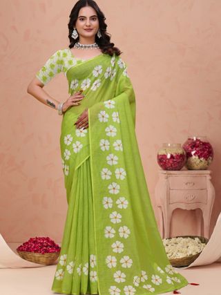 Green Floral Print Linen Cotton Saree with Tassel Detailing