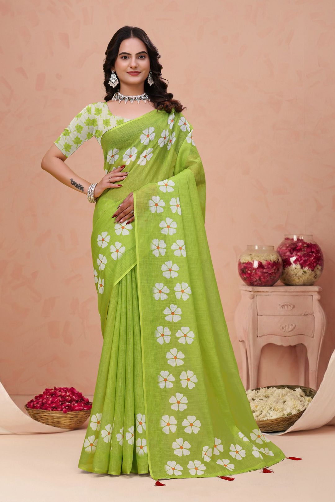 Green Floral Print Linen Cotton Saree with Tassel Detailing
