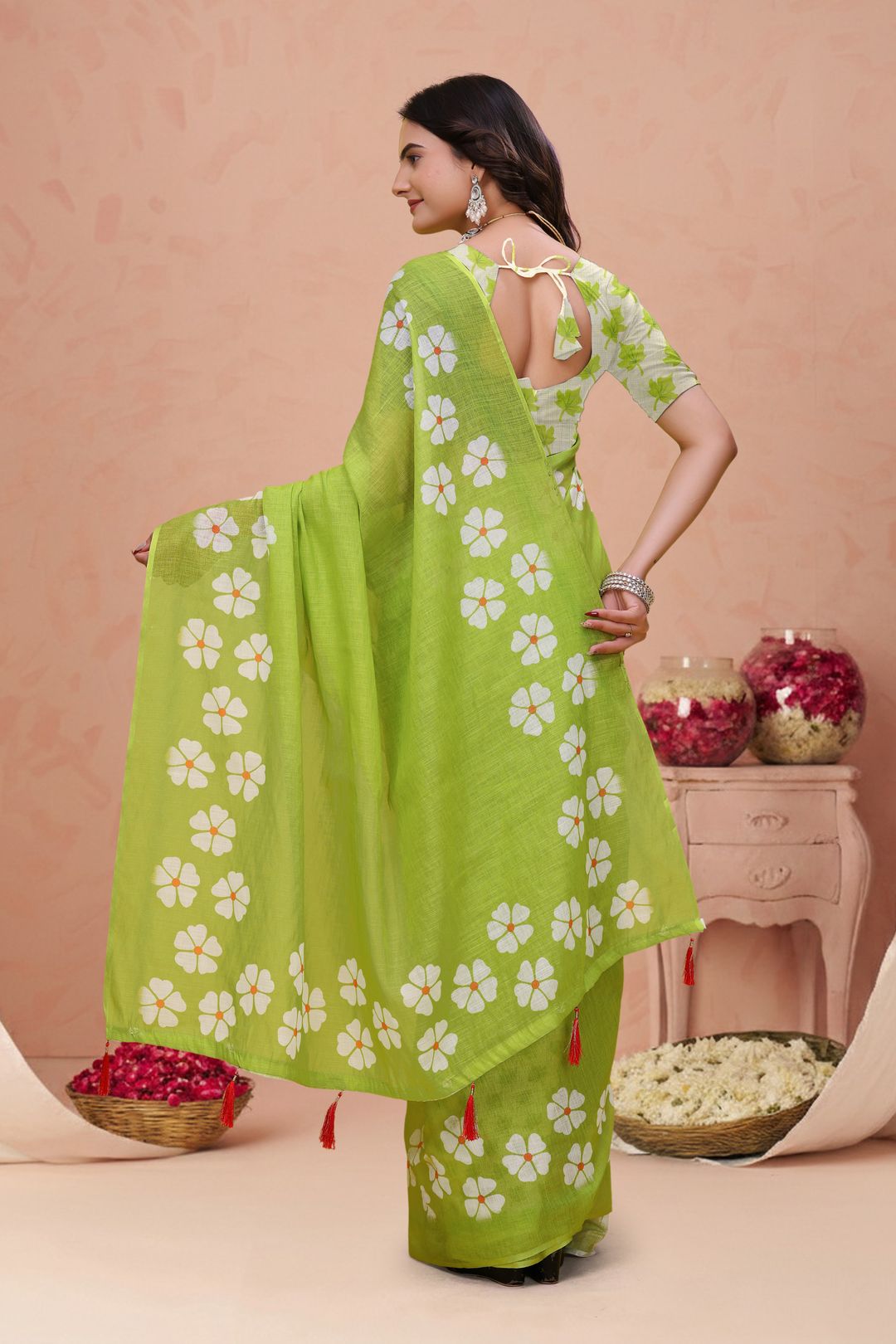 Green Floral Print Linen Cotton Saree with Tassel Detailing