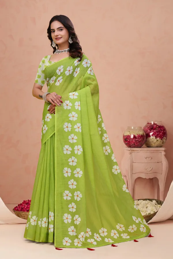 Green Floral Print Linen Cotton Saree with Tassel Detailing
