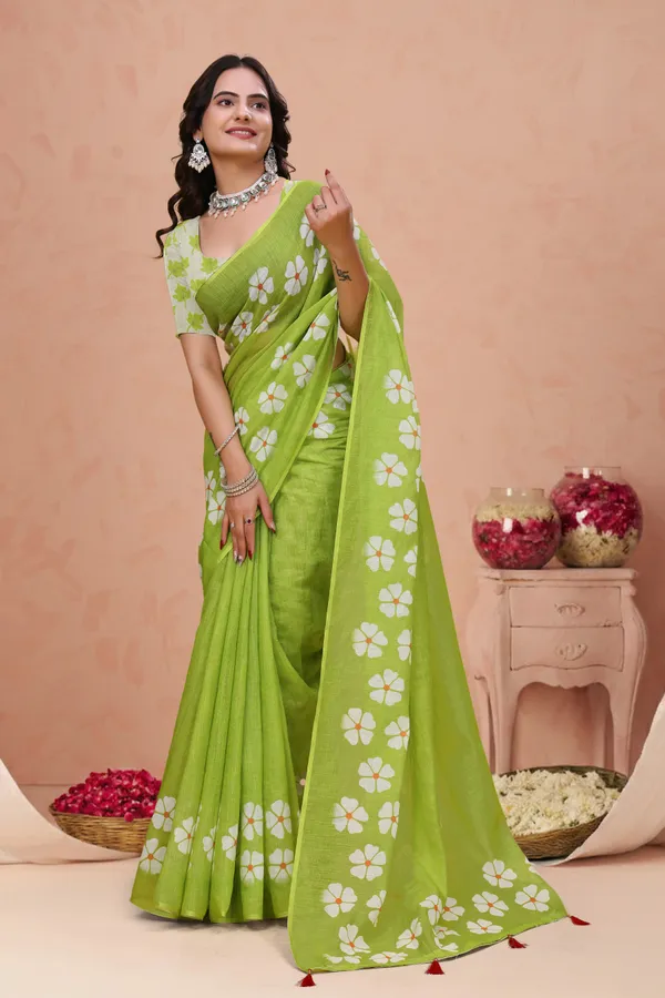 Green Floral Print Linen Cotton Saree with Tassel Detailing