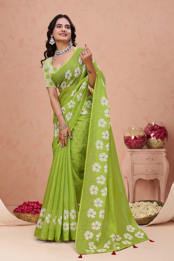 Green Floral Print Linen Cotton Saree with Tassel Detailing