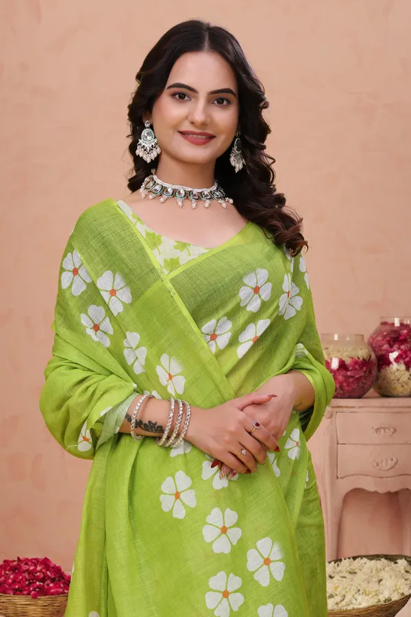 Green Floral Print Linen Cotton Saree with Tassel Detailing