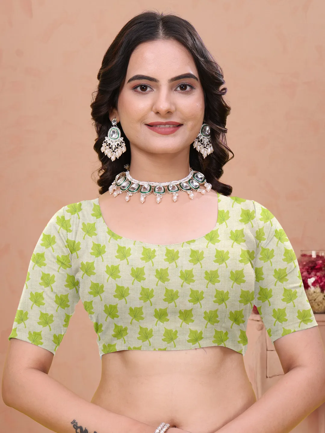 Green Floral Print Linen Cotton Saree with Tassel Detailing