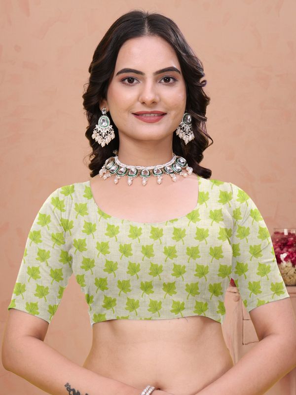 Green Floral Print Linen Cotton Saree with Tassel Detailing