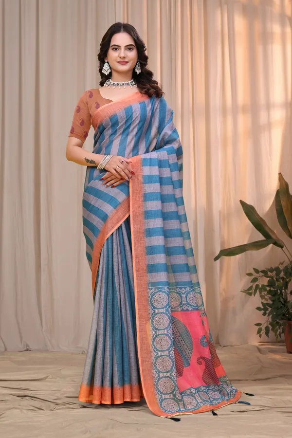 Buy Blue Teal Linen Cotton Saree with Striped Printed Pallu