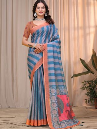 Buy Blue Teal Linen Cotton Saree with Striped Printed Pallu