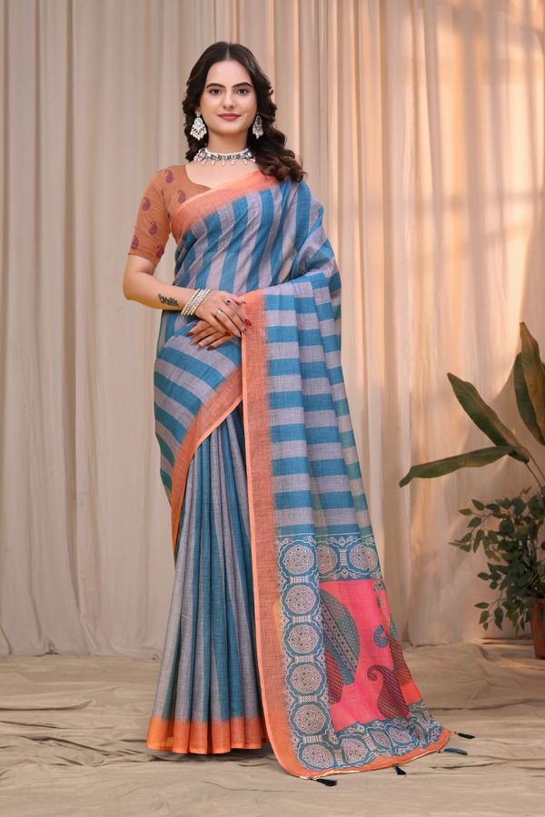 Buy Blue Teal Linen Cotton Saree with Striped Printed Pallu
