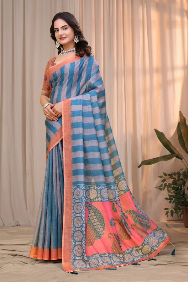 Buy Blue Teal Linen Cotton Saree with Striped Printed Pallu