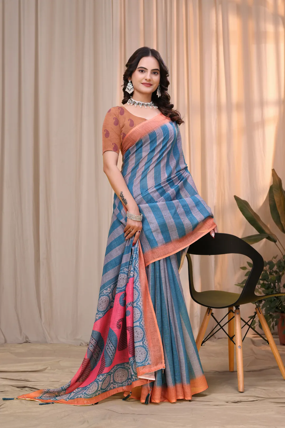 Buy Blue Teal Linen Cotton Saree with Striped Printed Pallu