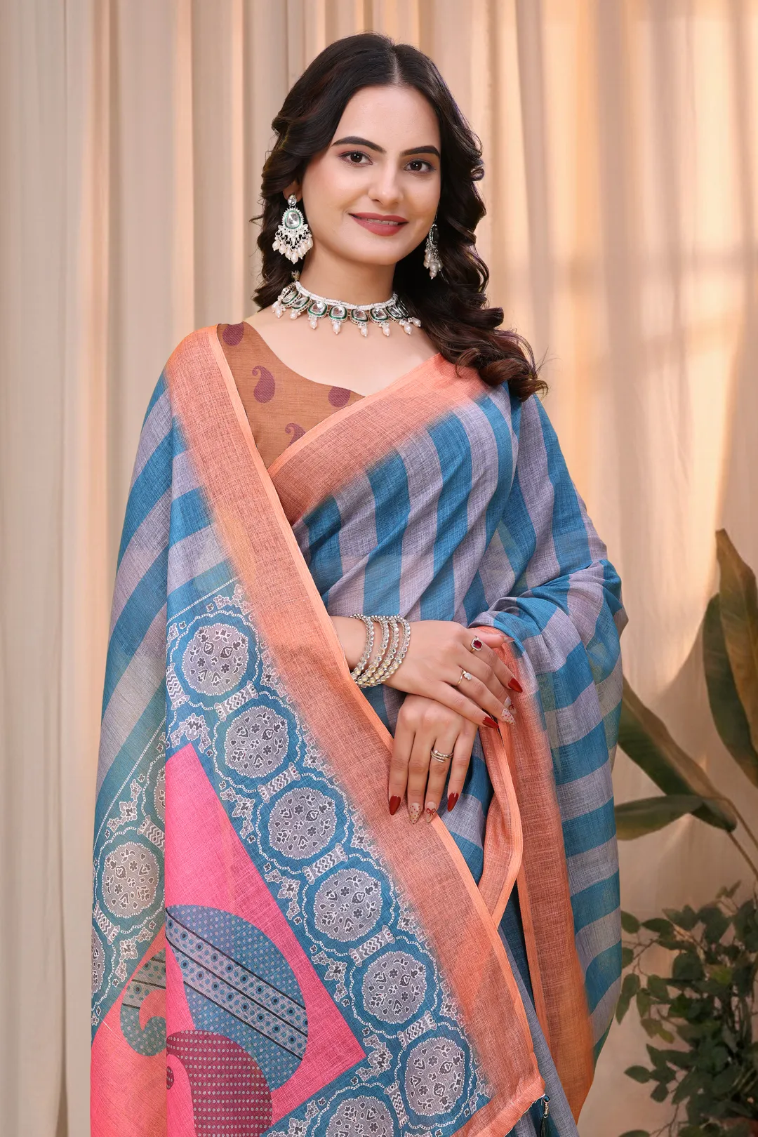 Buy Blue Teal Linen Cotton Saree with Striped Printed Pallu