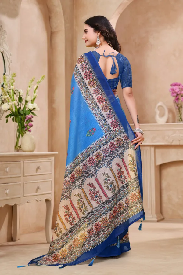 Buy Royal Blue Linen Cotton Saree with Floral Printed Border