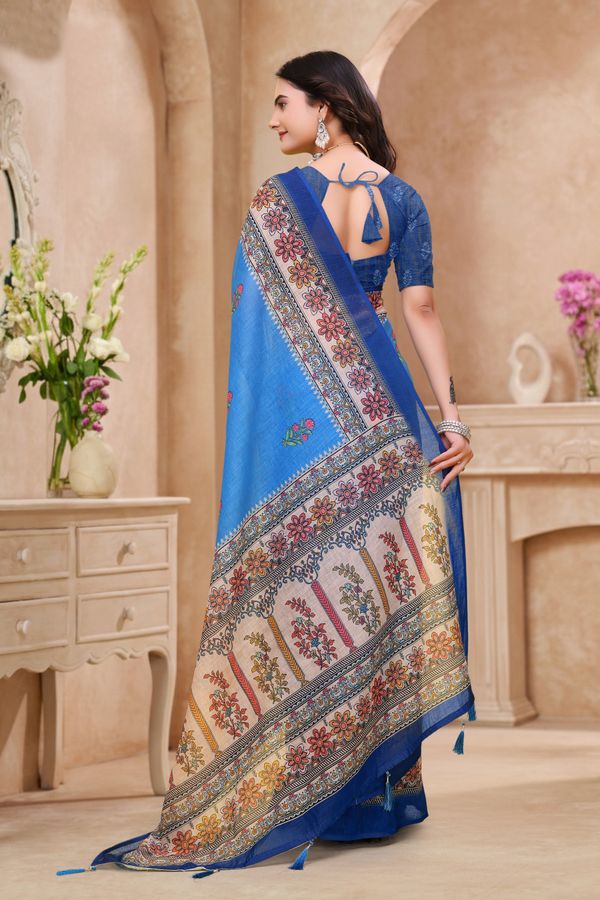 Buy Royal Blue Linen Cotton Saree with Floral Printed Border