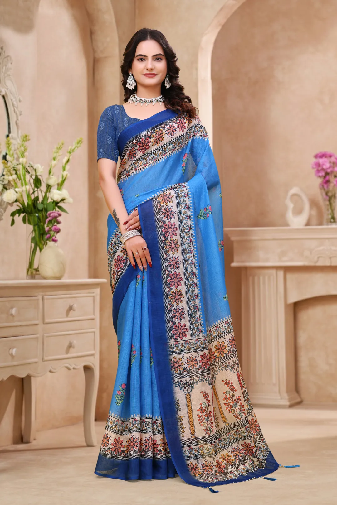 Buy Royal Blue Linen Cotton Saree with Floral Printed Border