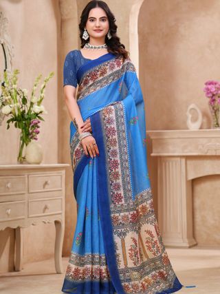 Buy Royal Blue Linen Cotton Saree with Floral Printed Border