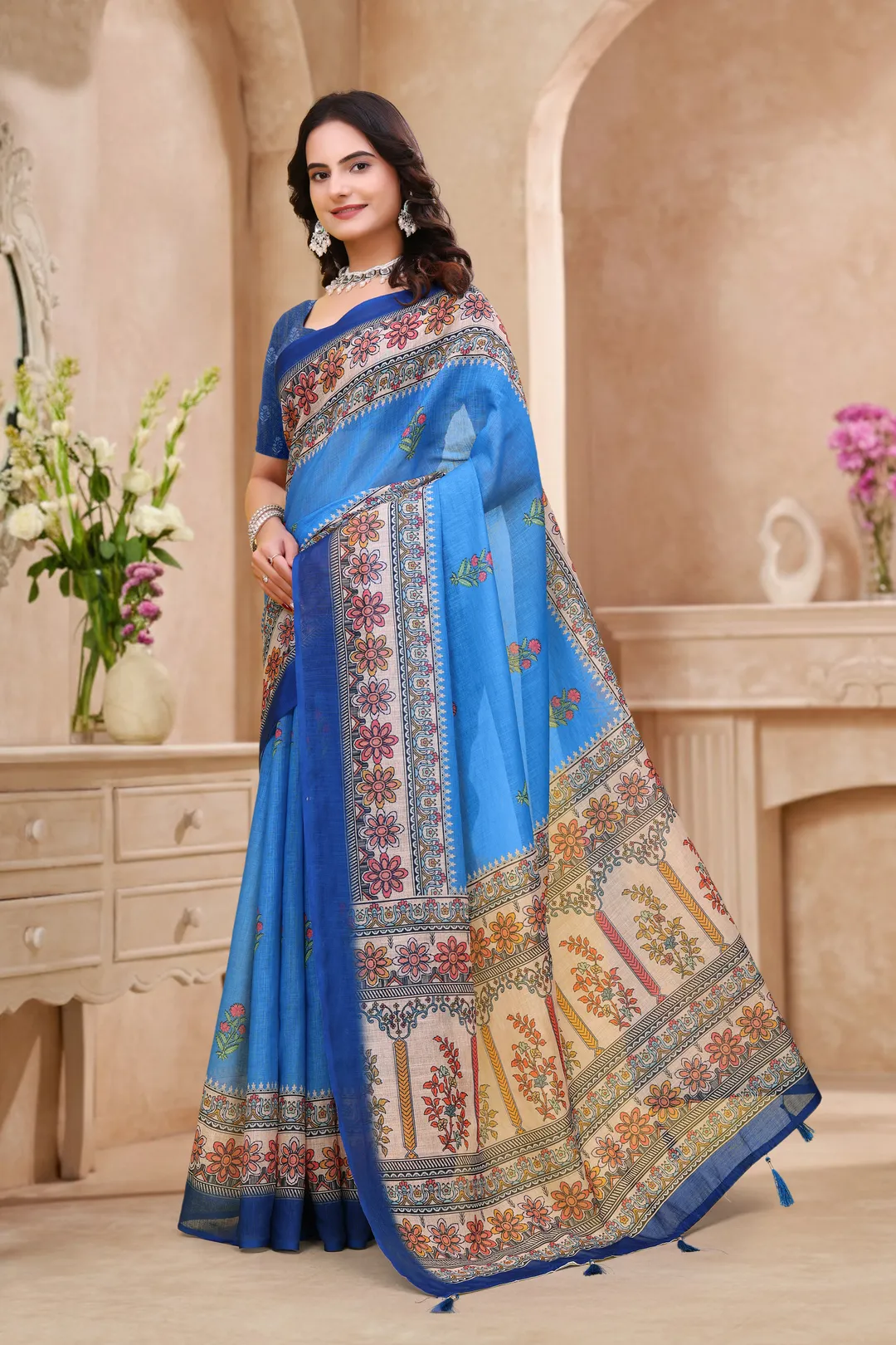 Buy Royal Blue Linen Cotton Saree with Floral Printed Border