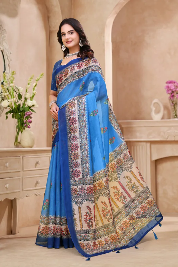Buy Royal Blue Linen Cotton Saree with Floral Printed Border