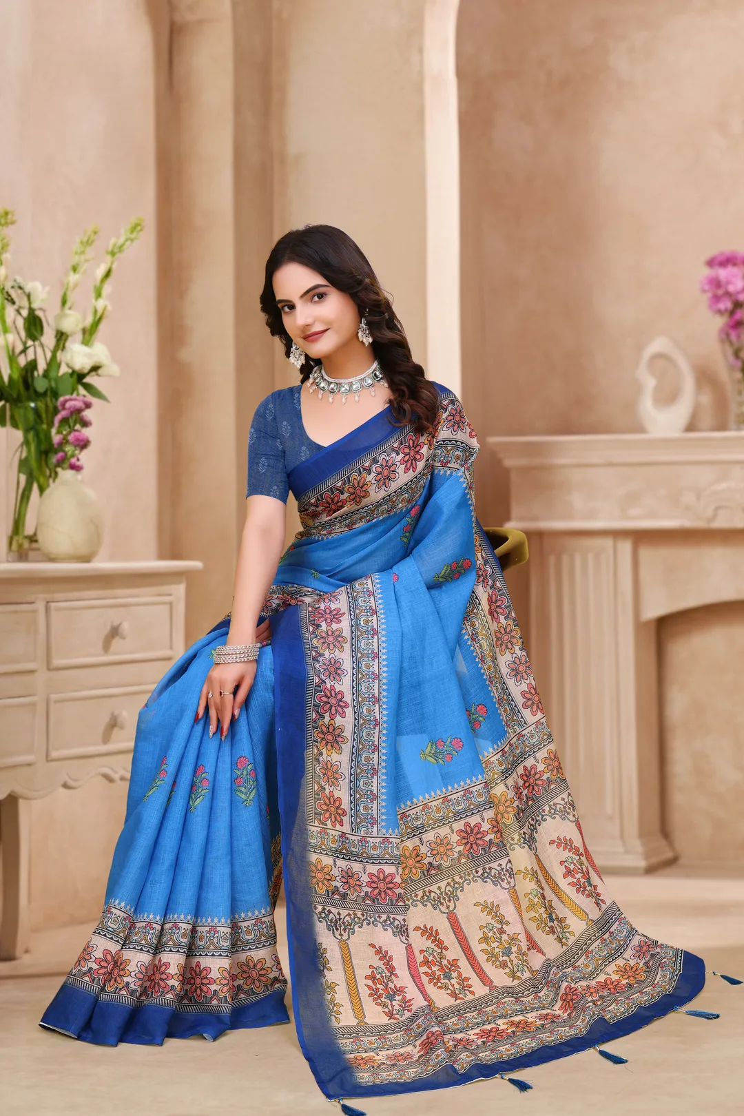 Buy Royal Blue Linen Cotton Saree with Floral Printed Border