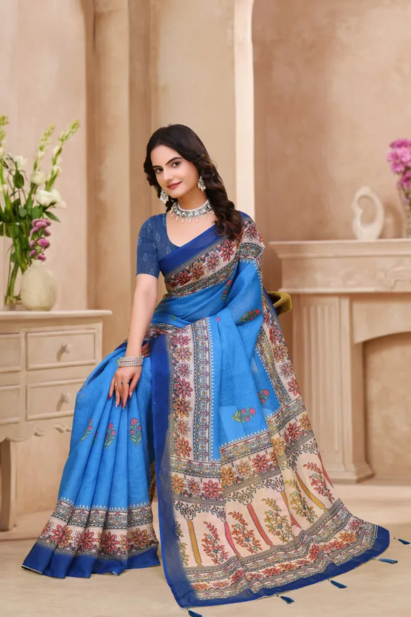 Buy Royal Blue Linen Cotton Saree with Floral Printed Border