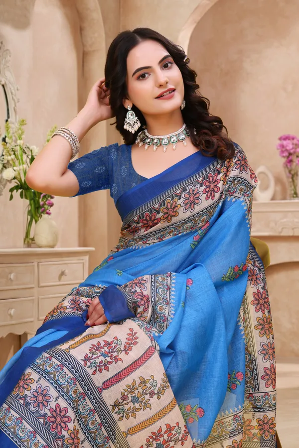 Buy Royal Blue Linen Cotton Saree with Floral Printed Border
