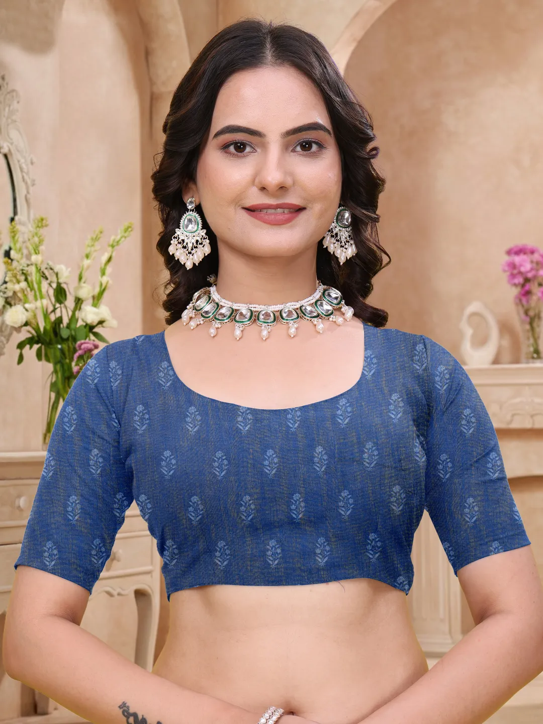 Buy Royal Blue Linen Cotton Saree with Floral Printed Border