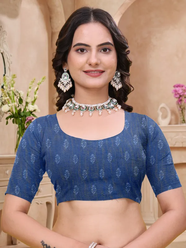 Buy Royal Blue Linen Cotton Saree with Floral Printed Border