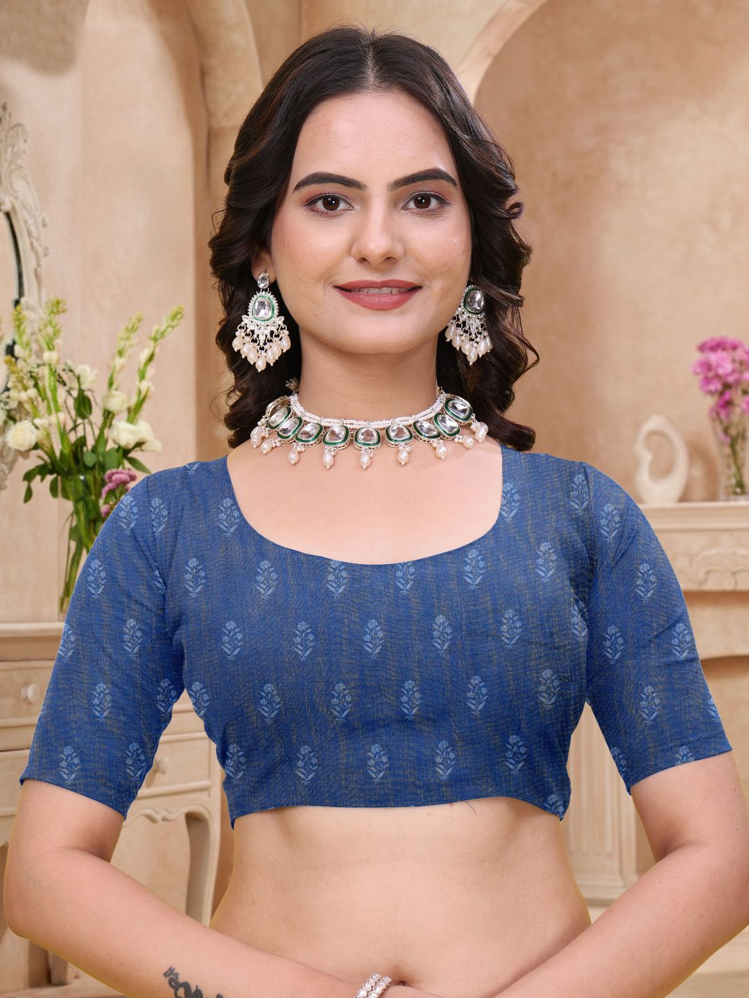 Buy Royal Blue Linen Cotton Saree with Floral Printed Border