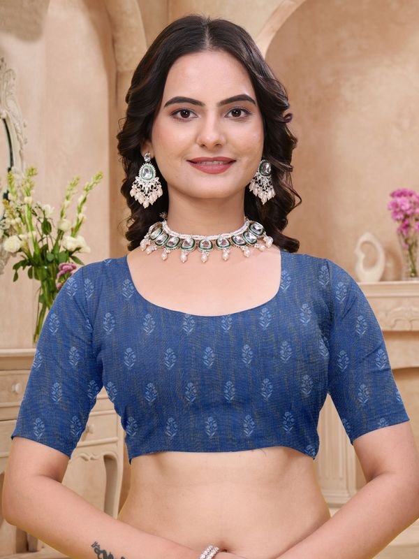 Buy Royal Blue Linen Cotton Saree with Floral Printed Border