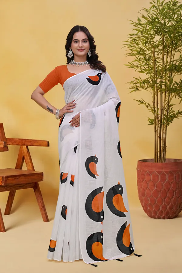 White Linen Cotton Saree with Bird Motifs and Orange Border