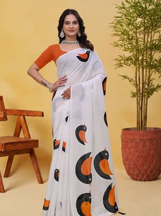 White Linen Cotton Saree with Bird Motifs and Orange Border