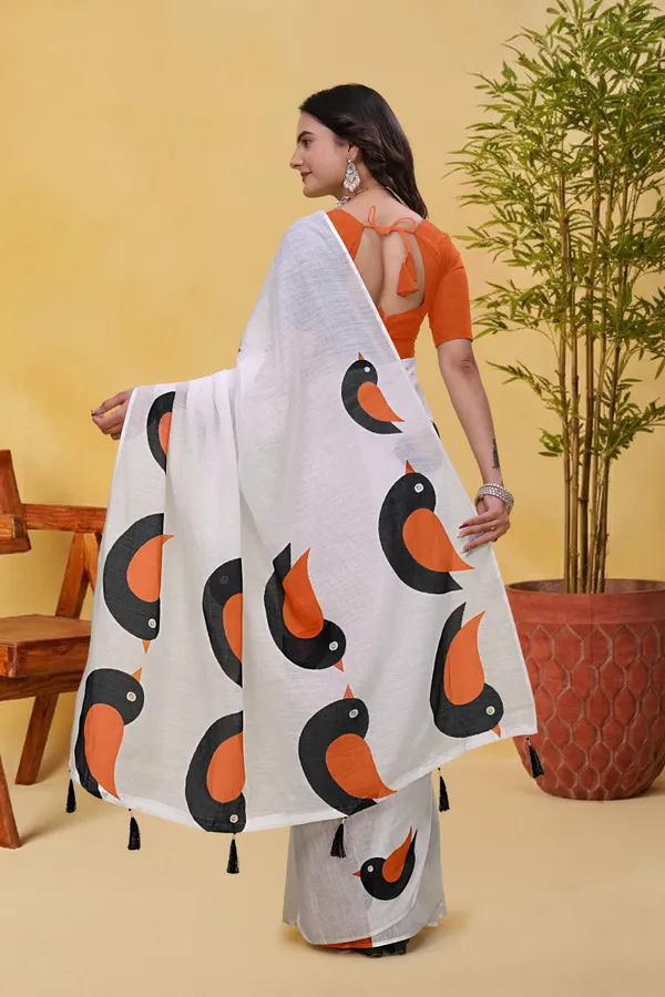 White Linen Cotton Saree with Bird Motifs and Orange Border