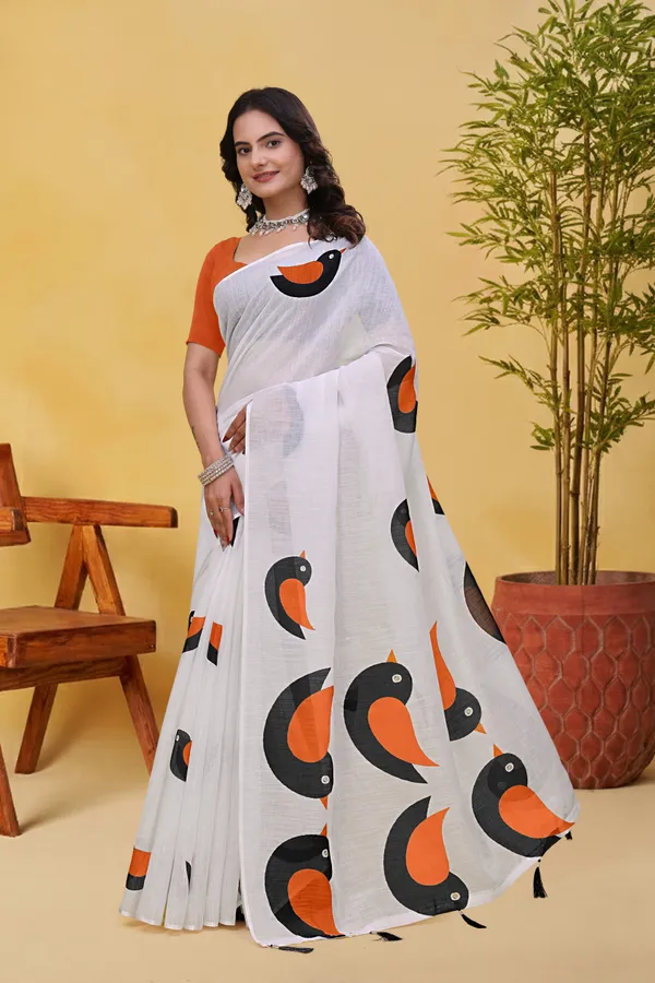 White Linen Cotton Saree with Bird Motifs and Orange Border
