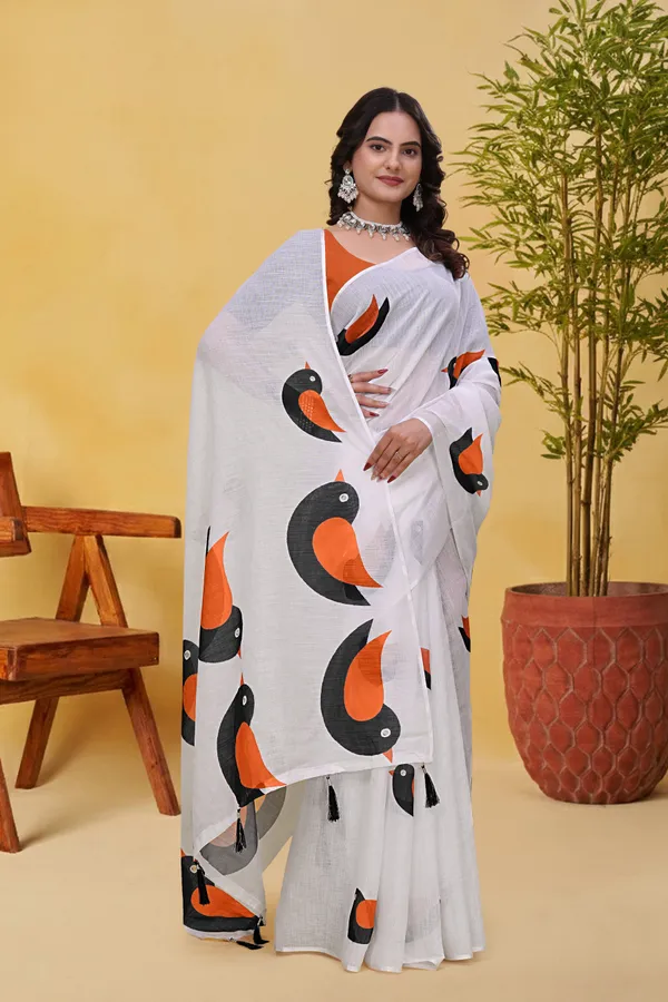 White Linen Cotton Saree with Bird Motifs and Orange Border