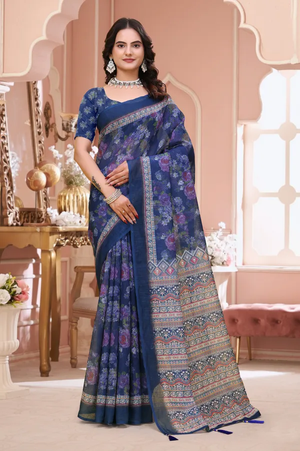 Buy Navy Blue Floral Printed Linen Cotton Saree for Festive