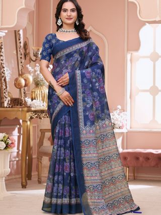 Buy Navy Blue Floral Printed Linen Cotton Saree for Festive