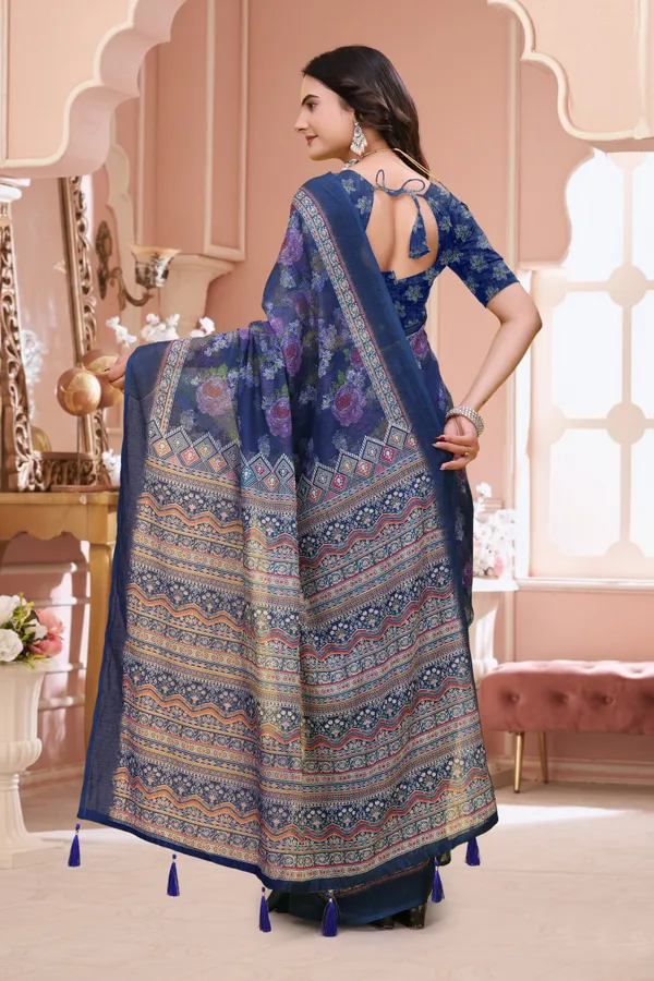 Buy Navy Blue Floral Printed Linen Cotton Saree for Festive