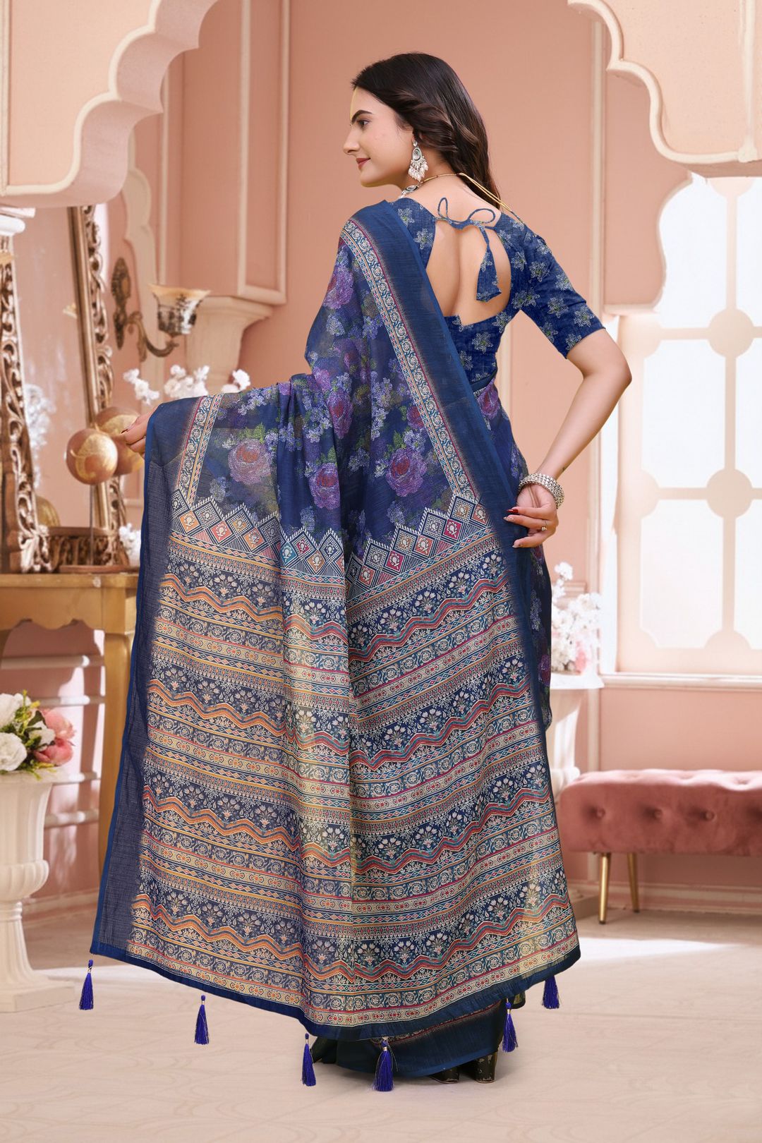 Buy Navy Blue Floral Printed Linen Cotton Saree for Festive