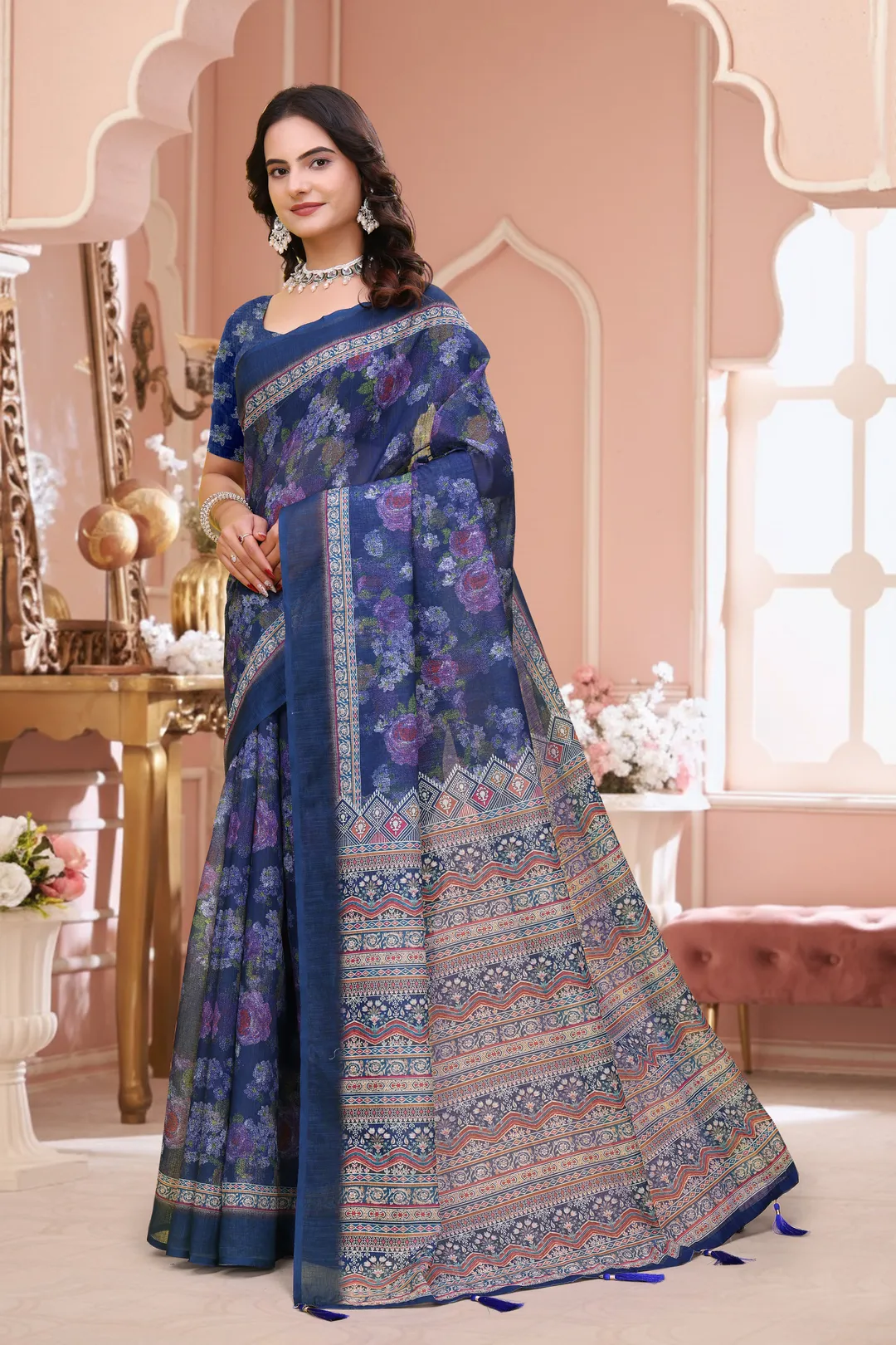 Buy Navy Blue Floral Printed Linen Cotton Saree for Festive