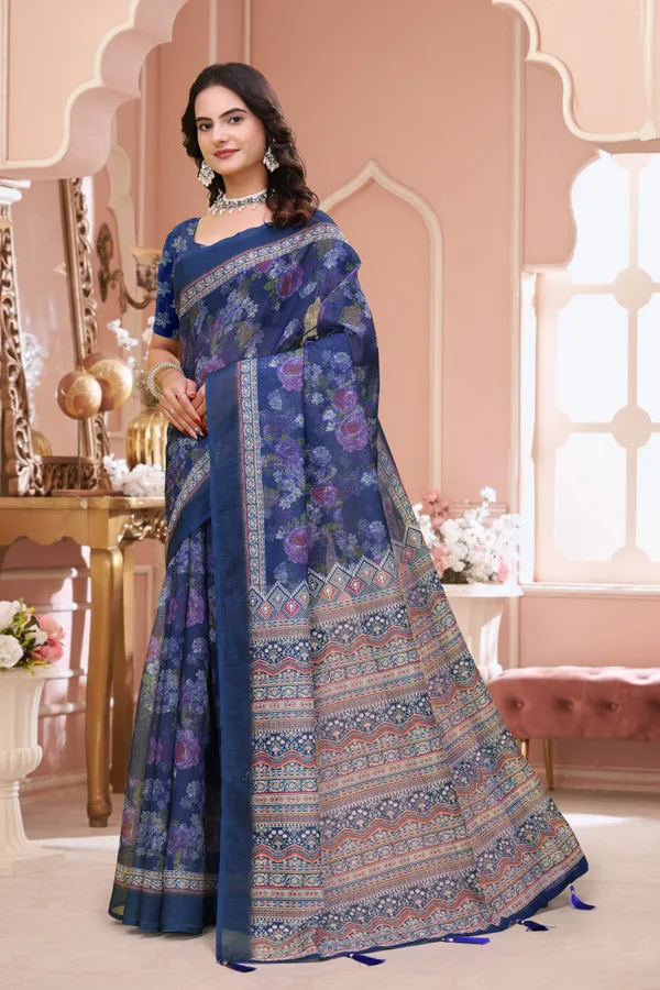 Buy Navy Blue Floral Printed Linen Cotton Saree for Festive