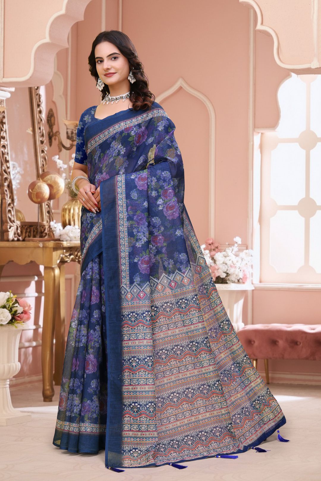 Buy Navy Blue Floral Printed Linen Cotton Saree for Festive