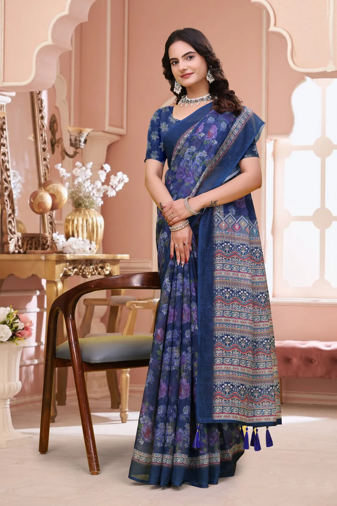Buy Navy Blue Floral Printed Linen Cotton Saree for Festive